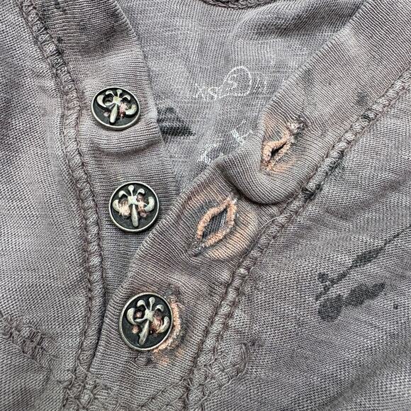 Affliction Y2K Size S Henley Shirt Tee Gothic Rock Cross Distressed Velvet Gray - Picture 6 of 12